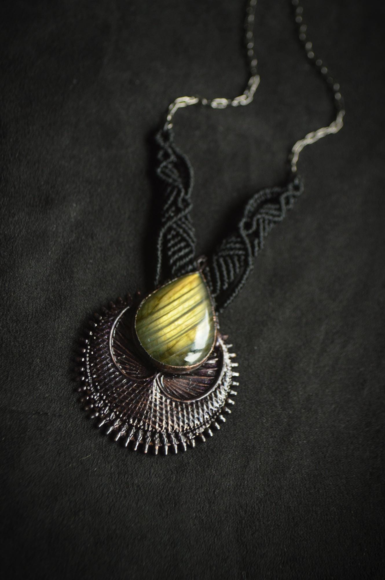 Nocturna collection - Total black purple labradorite electroformed pendant with macrame detail necklace