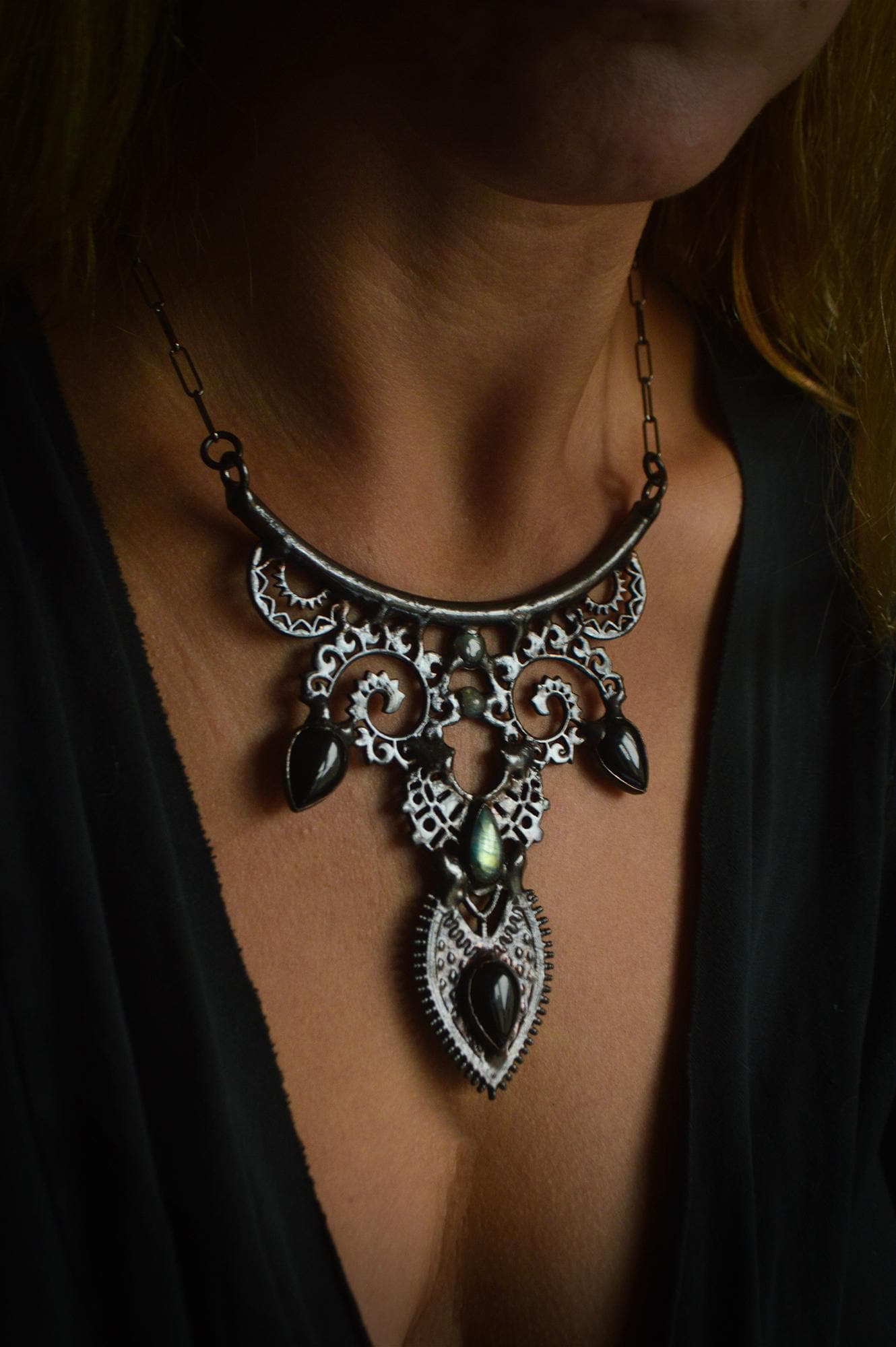 Nocturna collection -Dark tribal statement bib necklace. Gold labradorite and black onyx