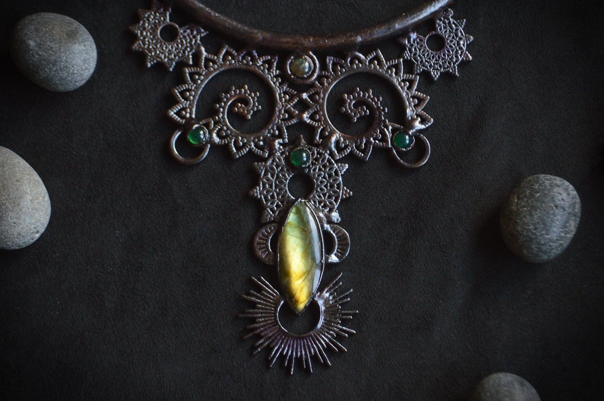 Nocturna collection -Dark tribal statement bib necklace. Gold labradorite and green onyx