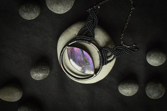 Nocturna collection - Total black purple labradorite electroformed pendant with macrame detail necklace