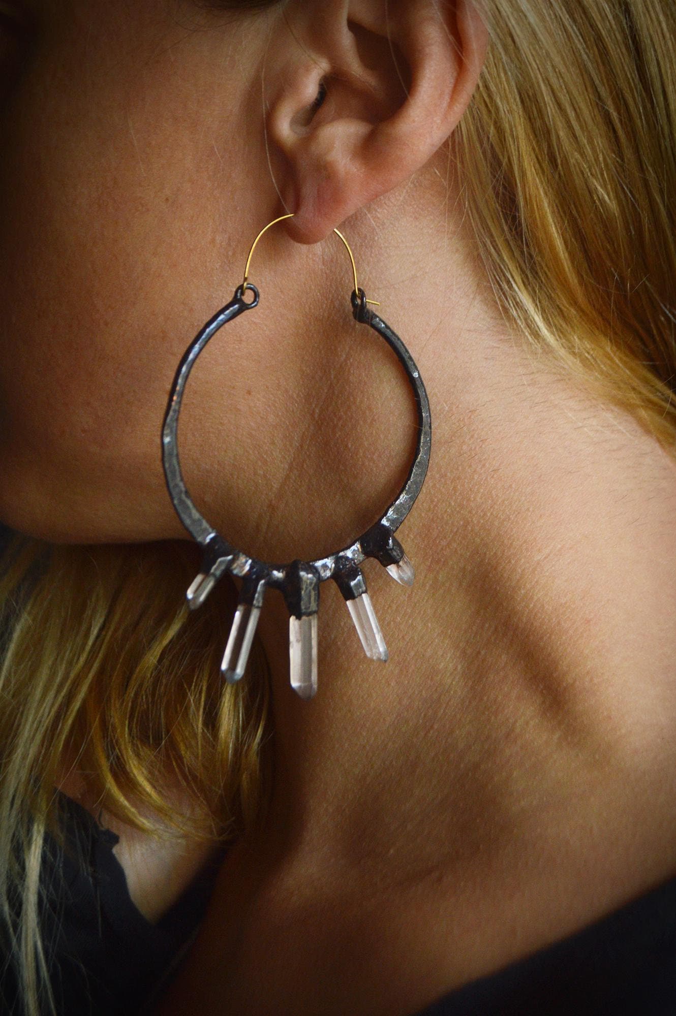 Nocturna collection - Oversized hammered black hoops with quartz points. Electroformed rustic jewellery