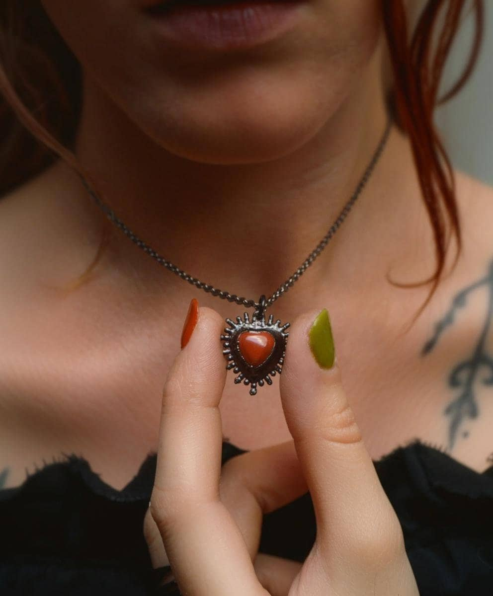 Frida collection - Carnelian flaming heart pendant. Mystical boho jewellery in copper or gunmetal