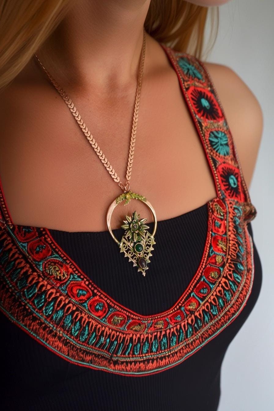 Frida collection - Tribal inspired flower pendant with labradorite, amethyst and green onyx