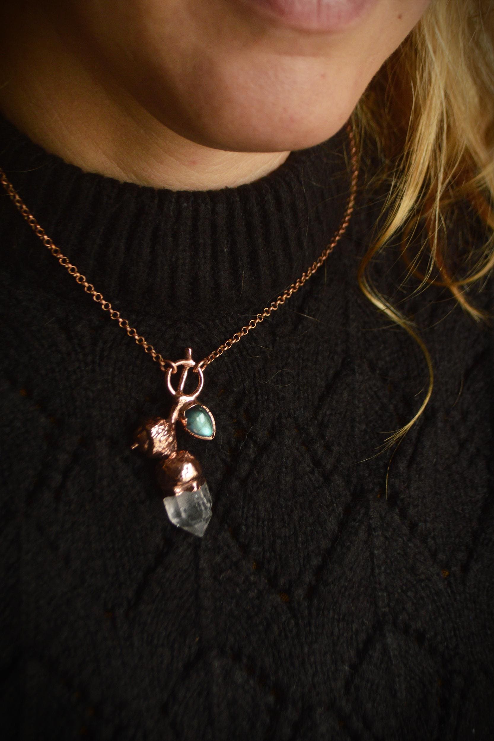 Real acorn formed in copper. Botanical pendant with raw quartz and labradorite