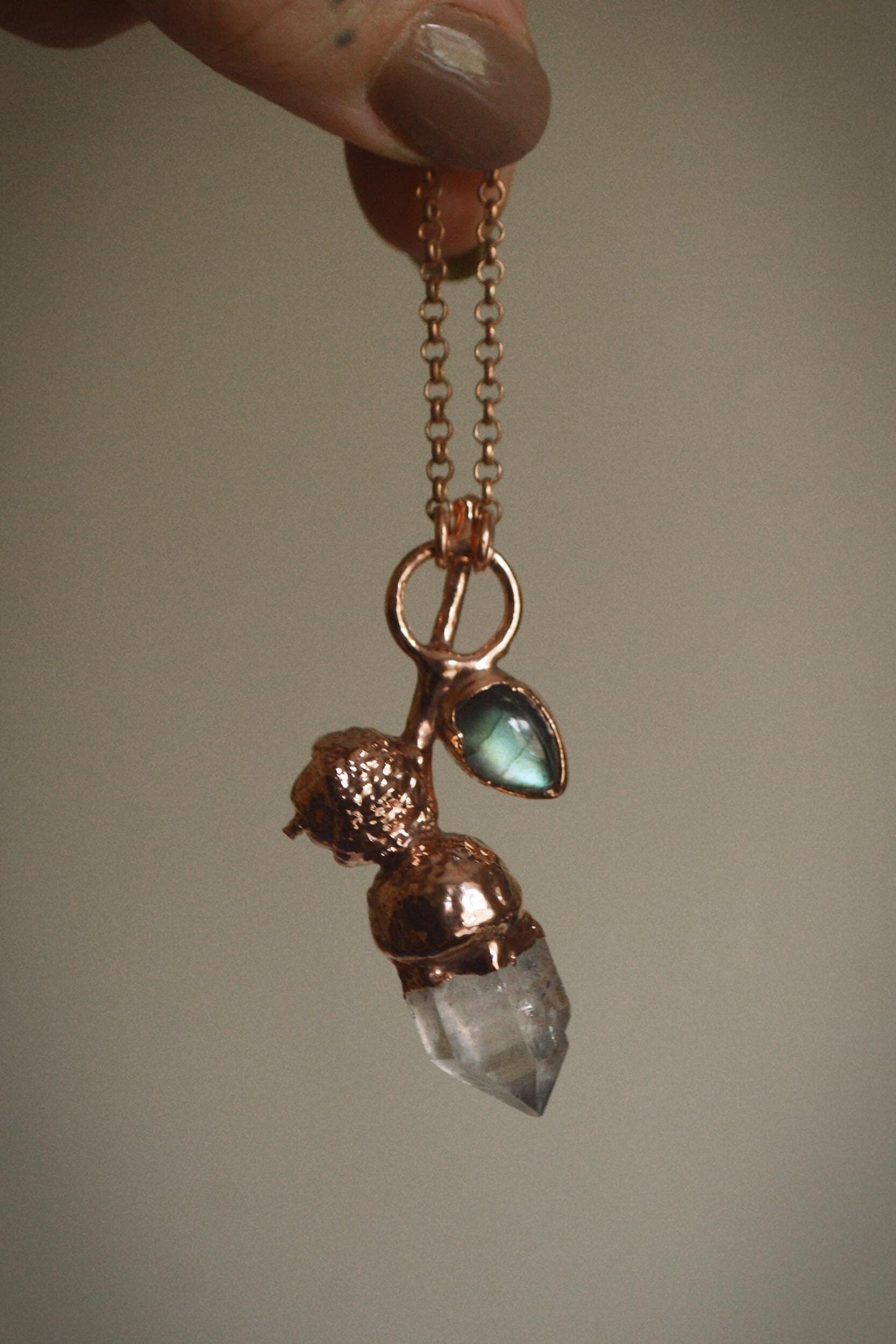 Real acorn formed in copper. Botanical pendant with raw quartz and labradorite