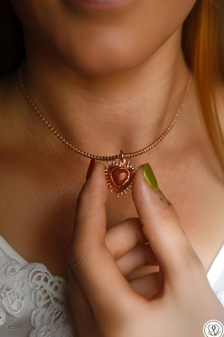 Frida collection - Carnelian flaming heart pendant. Mystical boho jewellery in copper or gunmetal