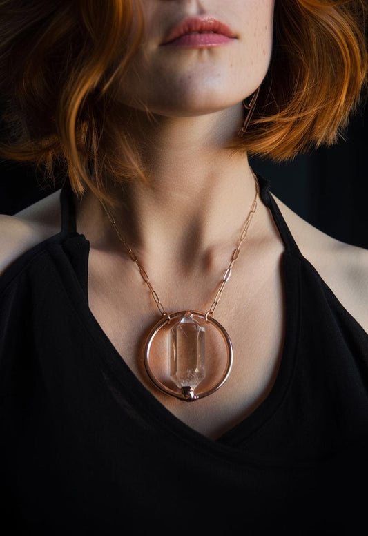 Statement copper pendant with polished double terminated quartz