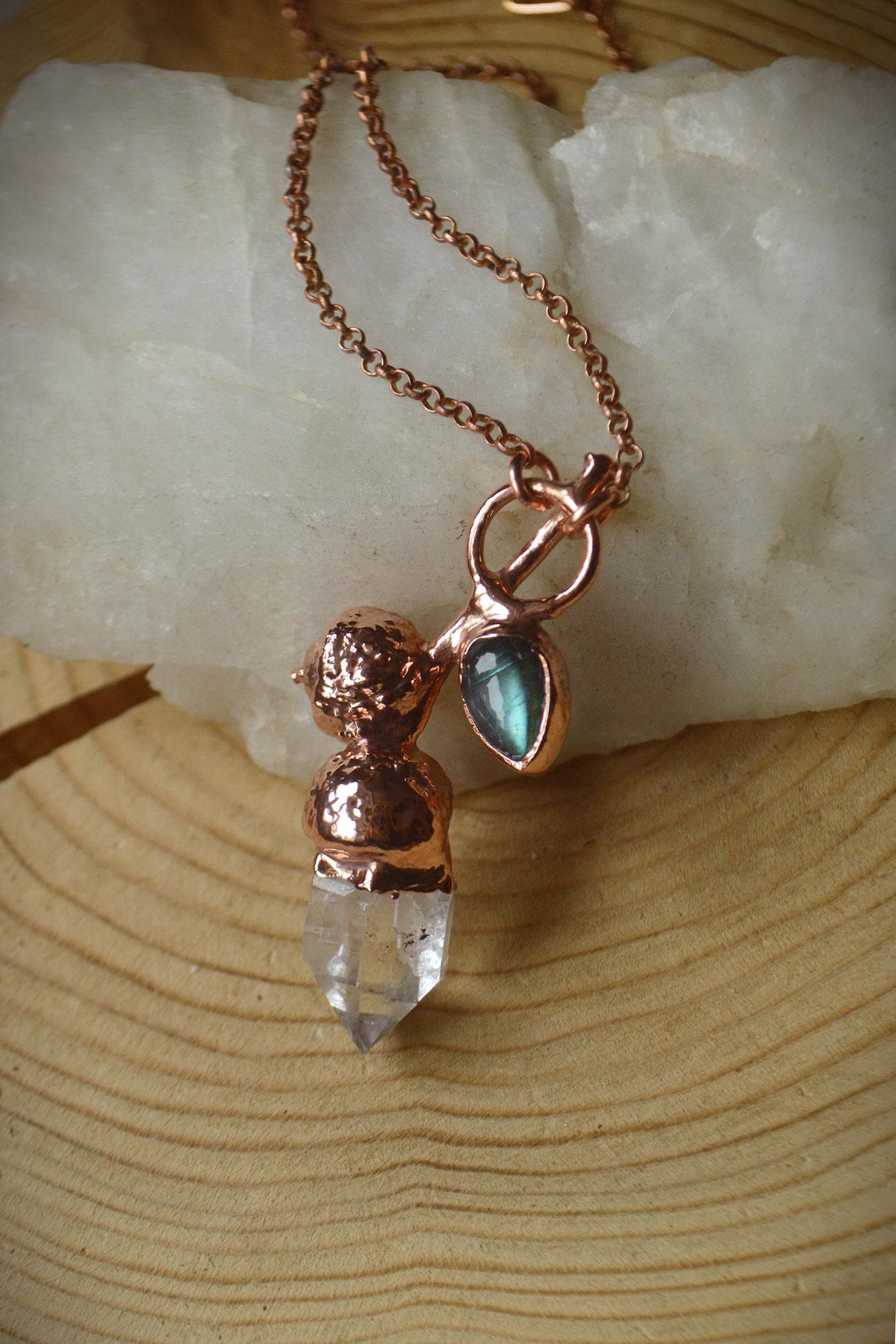 Real acorn formed in copper. Botanical pendant with raw quartz and labradorite