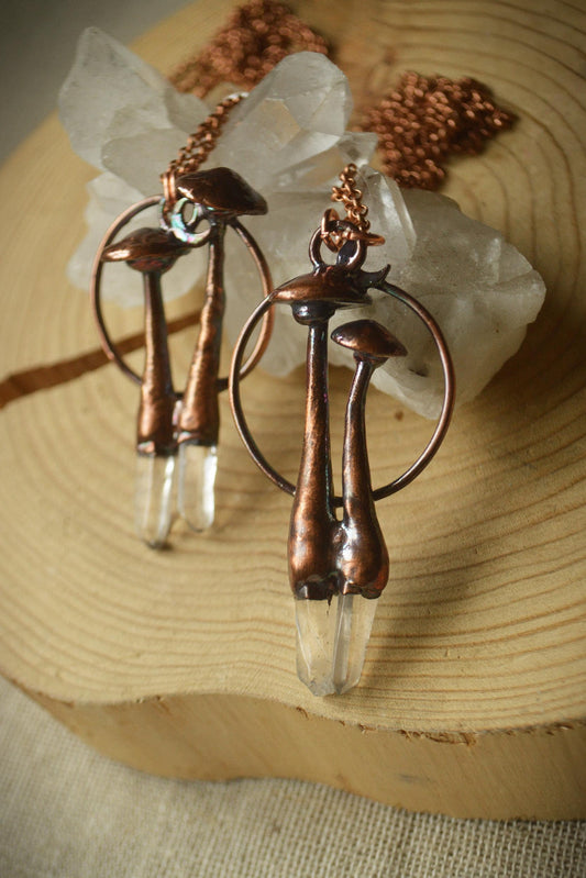 Mushroom copper necklace with quartz point. Raw crystal, long chain cottage core necklace