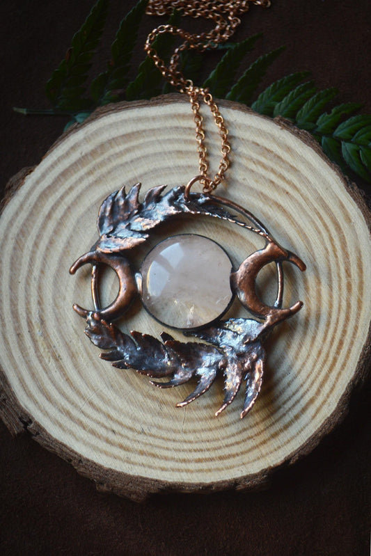 Unique piece. Real fern leaf necklace with quartz. Triple moon botanical goddess pendant