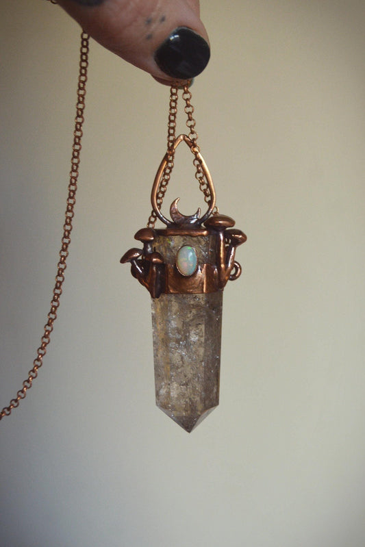 Unique piece. Crackle quartz point with opal, mushroom and moon statement pendant necklace