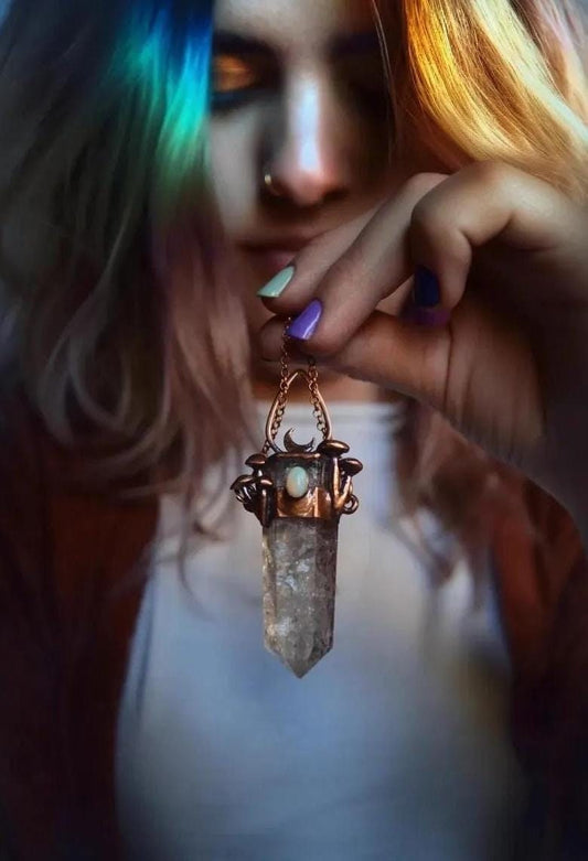 Unique piece. Crackle quartz point with opal, mushroom and moon statement pendant necklace