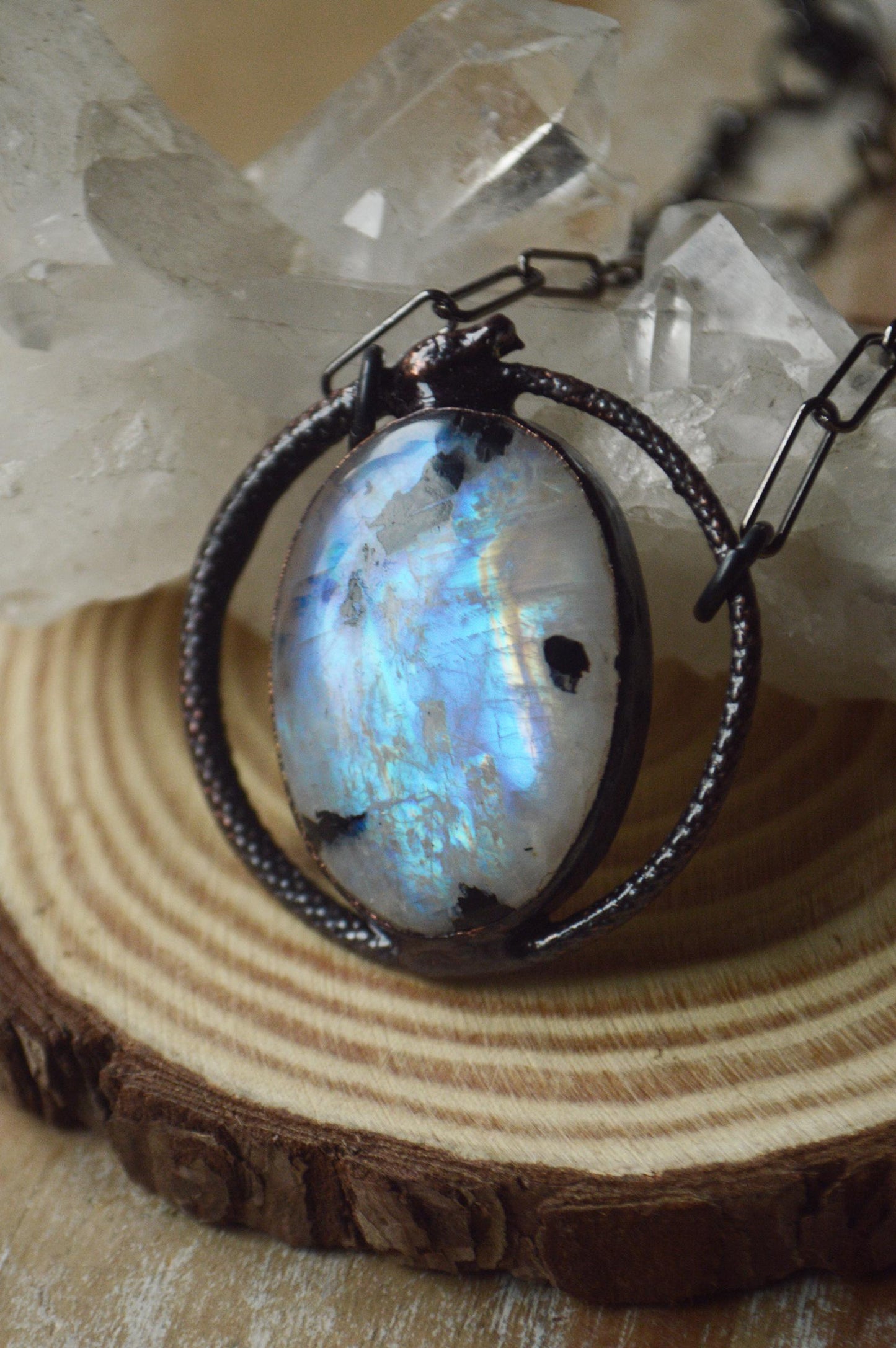 Unique piece. Black Ouroboros rainbow moonstone pendant. Witchy amulet necklace