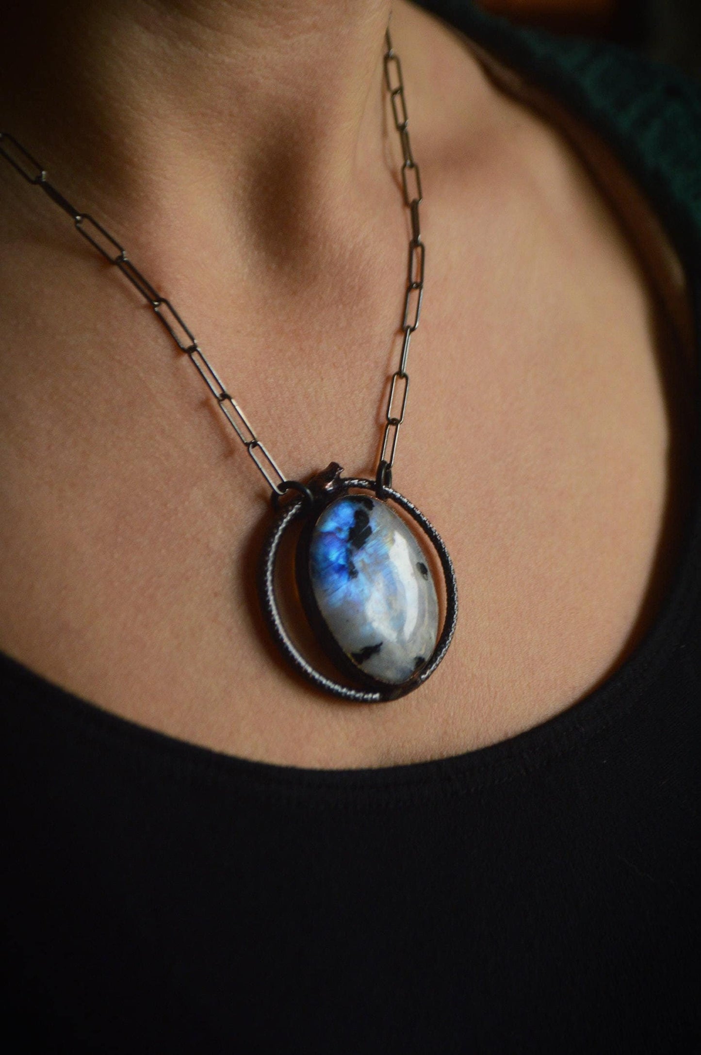 Unique piece. Black Ouroboros rainbow moonstone pendant. Witchy amulet necklace