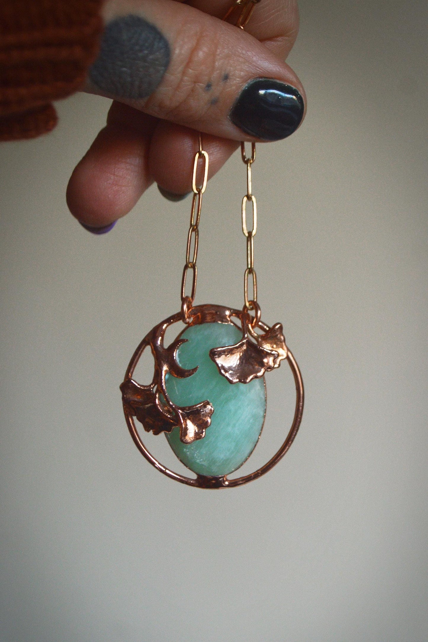 Unique piece. Dreamy amazonite pendant with Gingko leaves and crescent moon