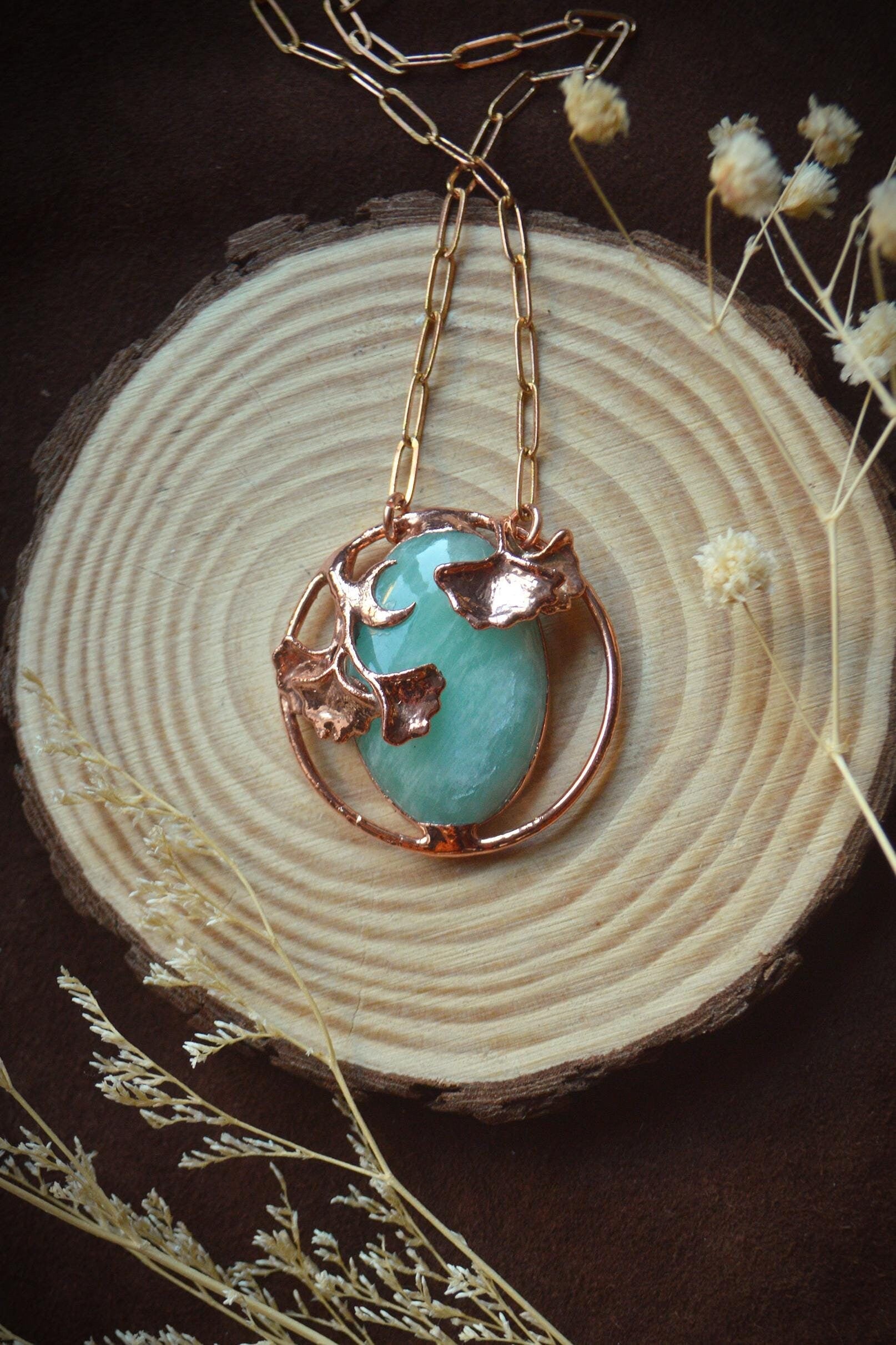 Unique piece. Dreamy amazonite pendant with Gingko leaves and crescent moon