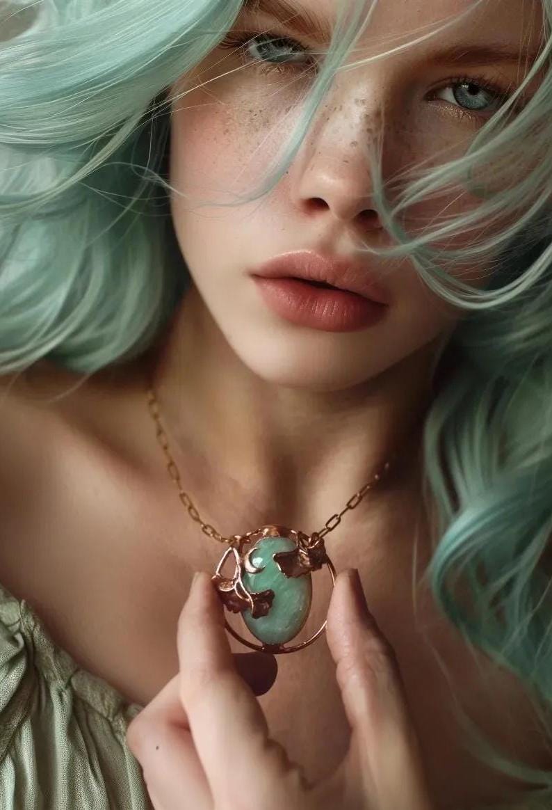 Unique piece. Dreamy amazonite pendant with Gingko leaves and crescent moon