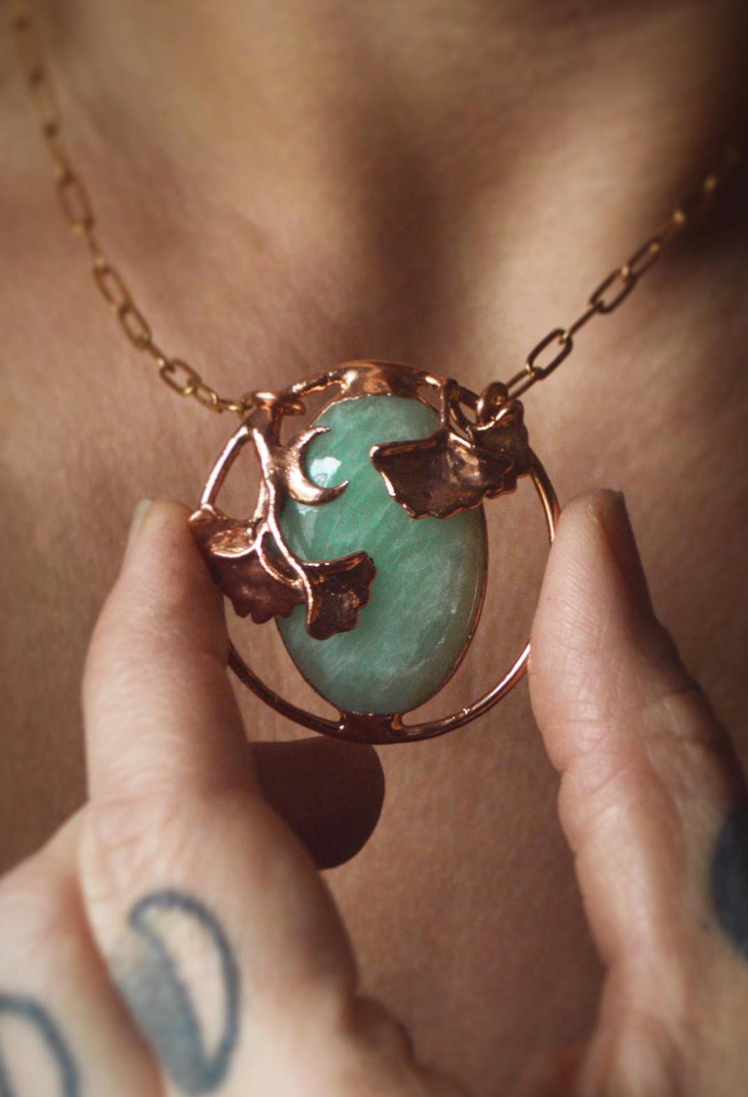 Unique piece. Dreamy amazonite pendant with Gingko leaves and crescent moon