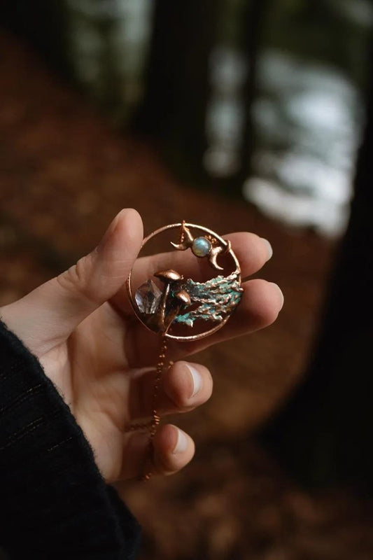 Unique piece. Miniature forest copper pendant with mushrooms. Labradorite triple moon and raw quartz crystal