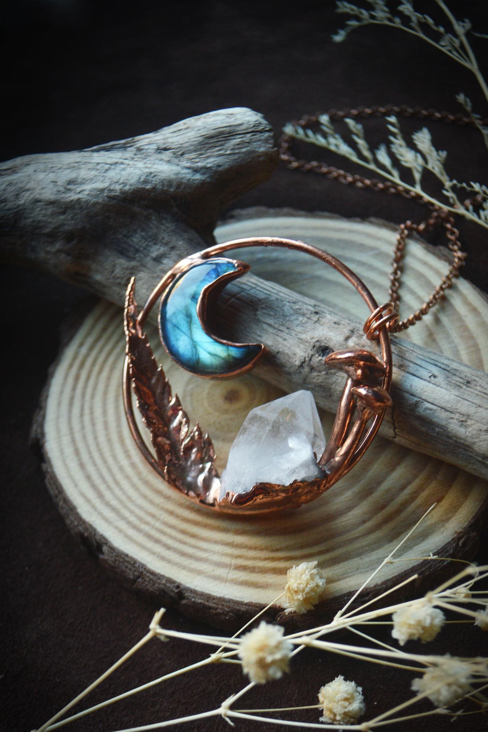 Unique piece. Real fern leaf formed in copper pendant with mushrooms. Labradorite moon and raw quartz crystal