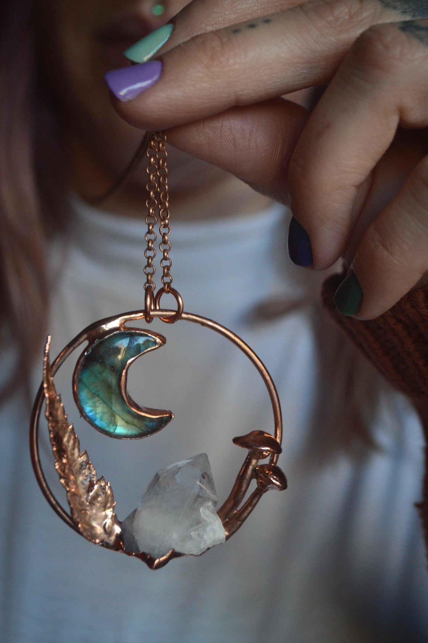 Unique piece. Real fern leaf formed in copper pendant with mushrooms. Labradorite moon and raw quartz crystal