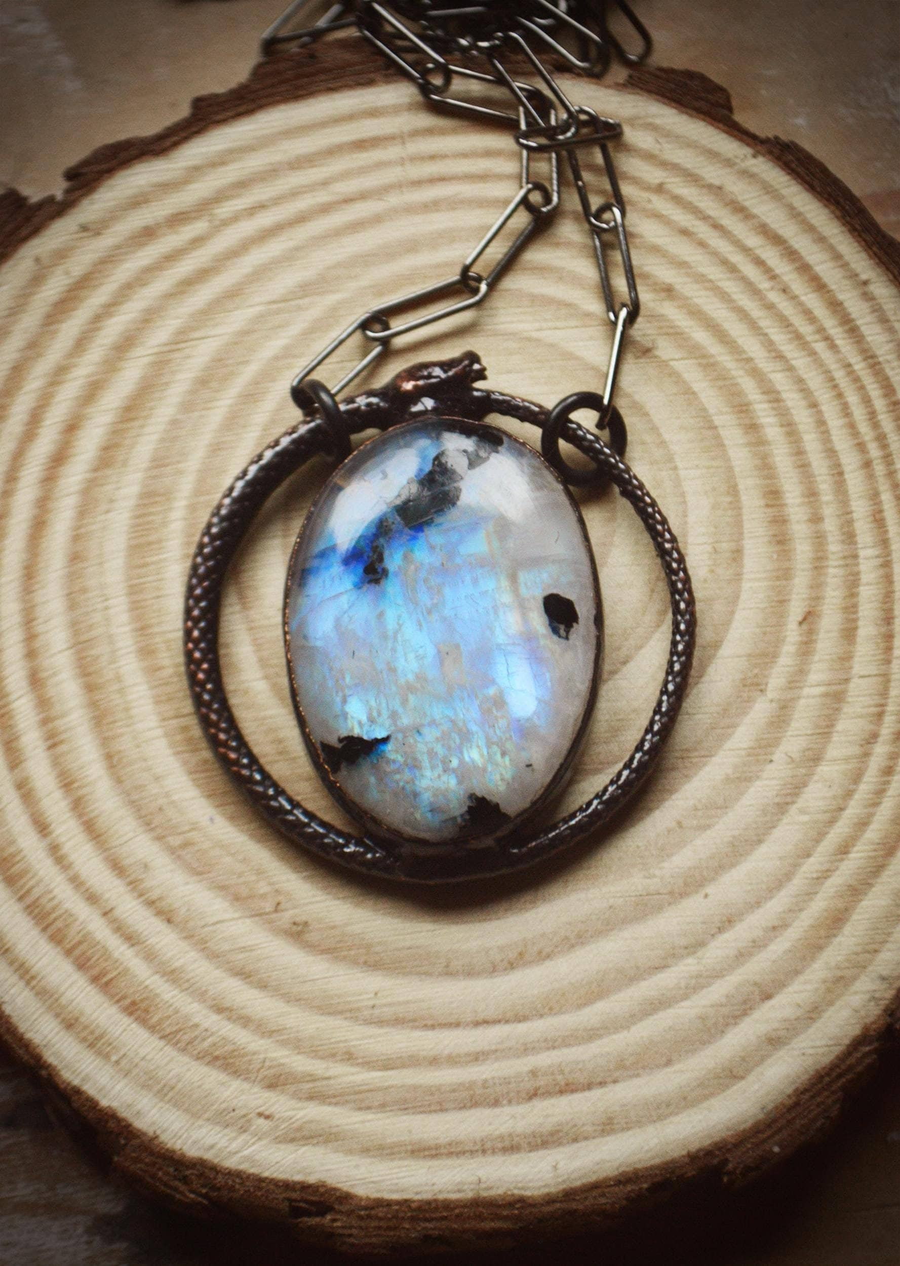 Unique piece. Black Ouroboros rainbow moonstone pendant. Witchy amulet necklace