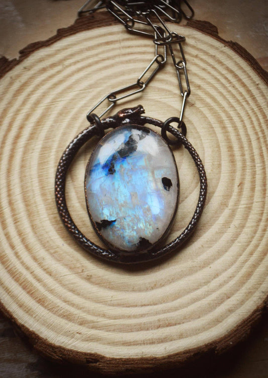 Unique piece. Black Ouroboros rainbow moonstone pendant. Witchy amulet necklace