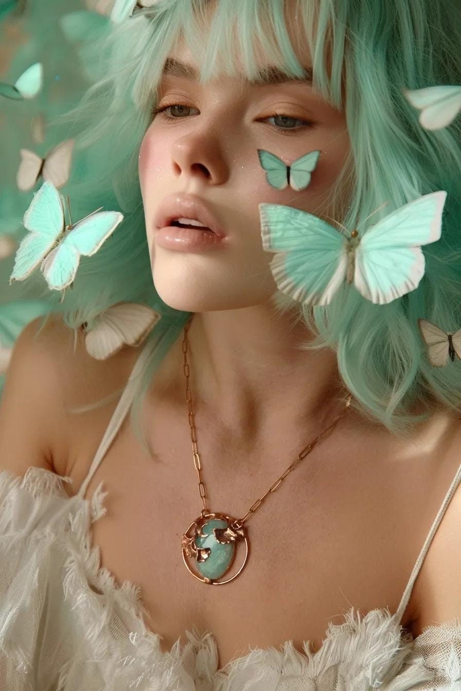 Unique piece. Dreamy amazonite pendant with Gingko leaves and crescent moon