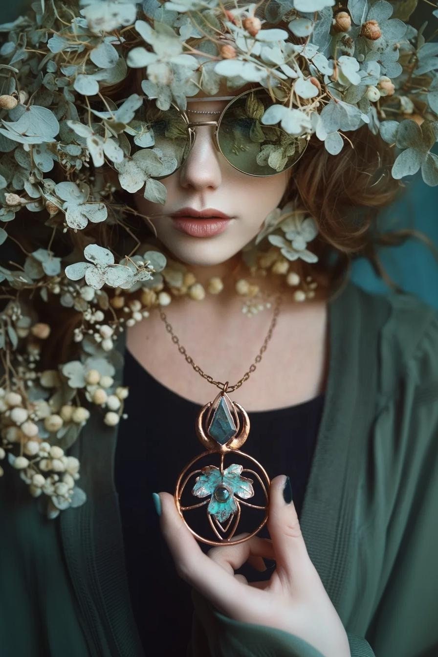 Unique piece. Blue labradorite pendant with real maple leaf. Lunar, witchy copper jewellery