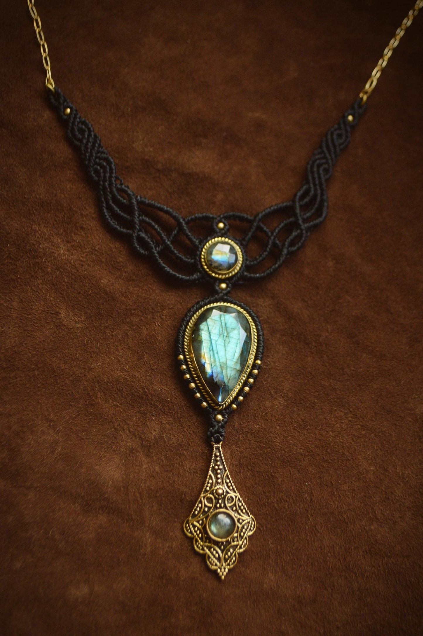 Ornate labradorite and brass macrame necklace. Festival, hippie, boho jewellery