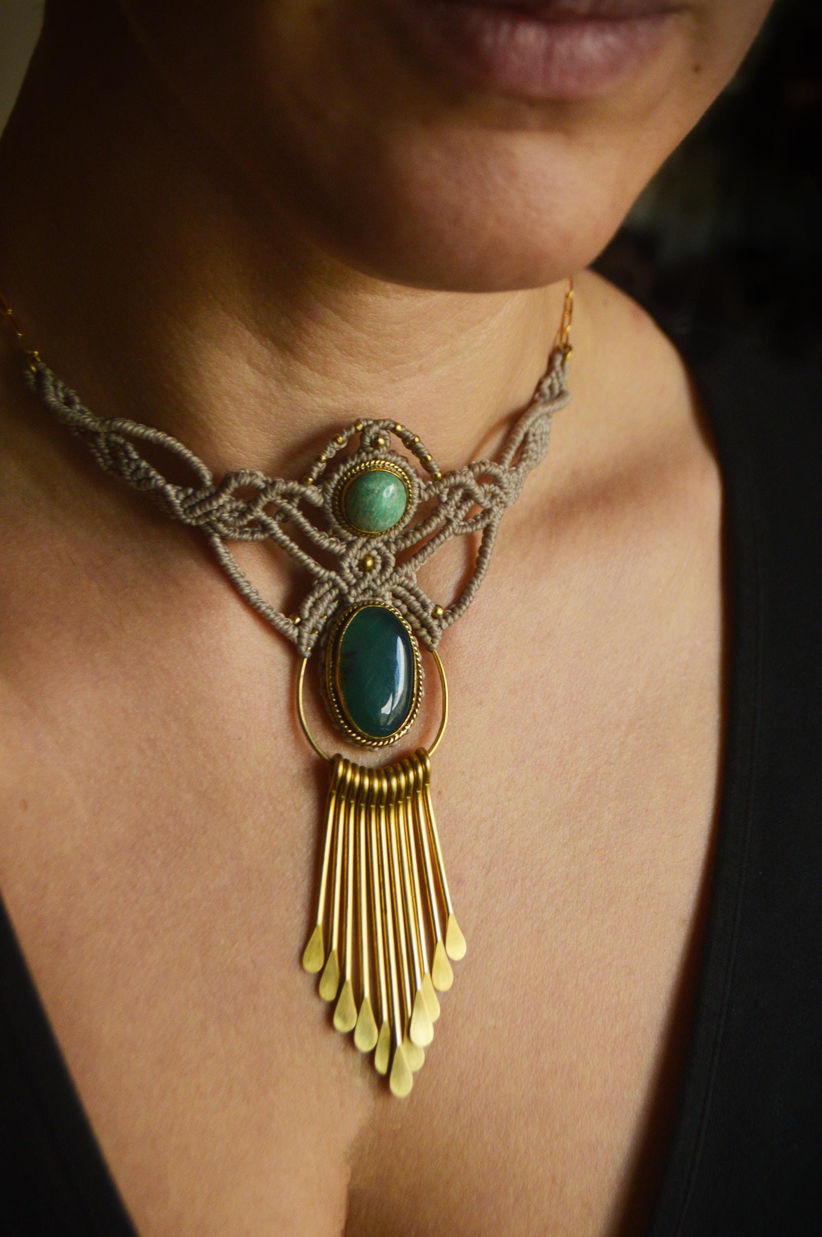 Green onyx and amazonite macrame necklace with brass tassle. Festival choker