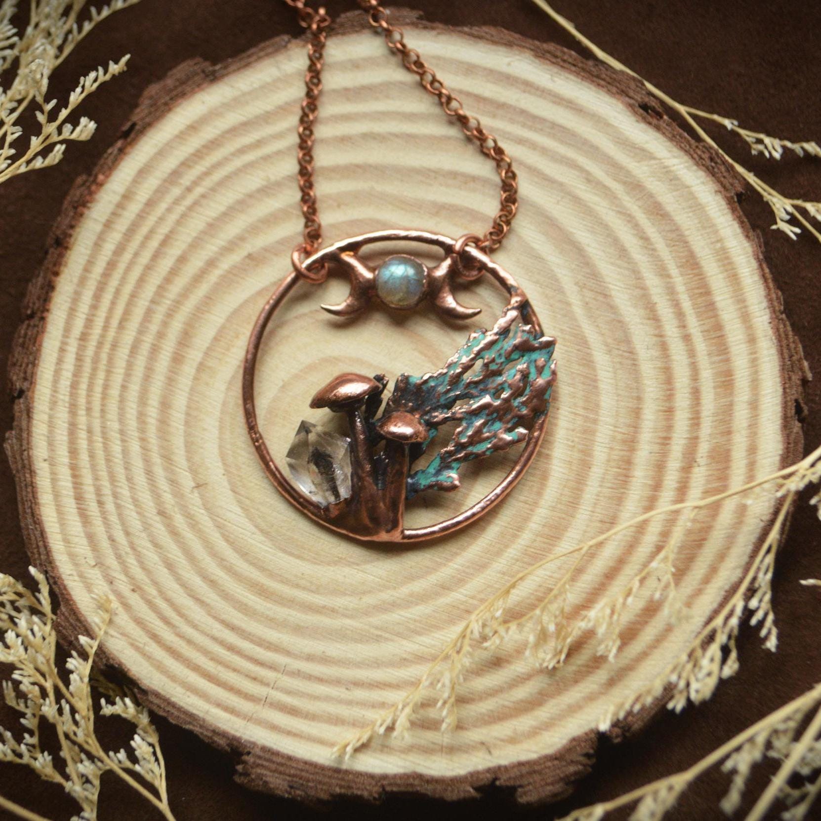 Unique piece. Miniature forest copper pendant with mushrooms. Labradorite triple moon and raw quartz crystal