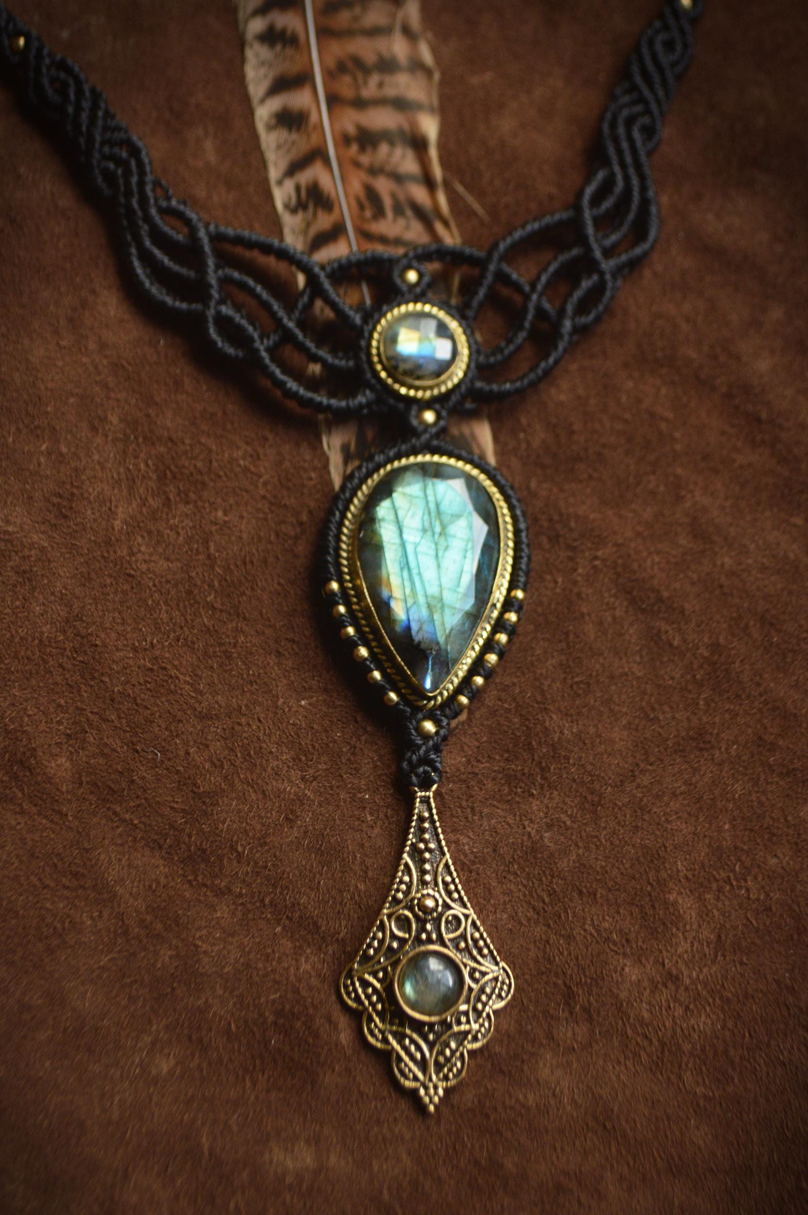 Ornate labradorite and brass macrame necklace. Festival, hippie, boho jewellery