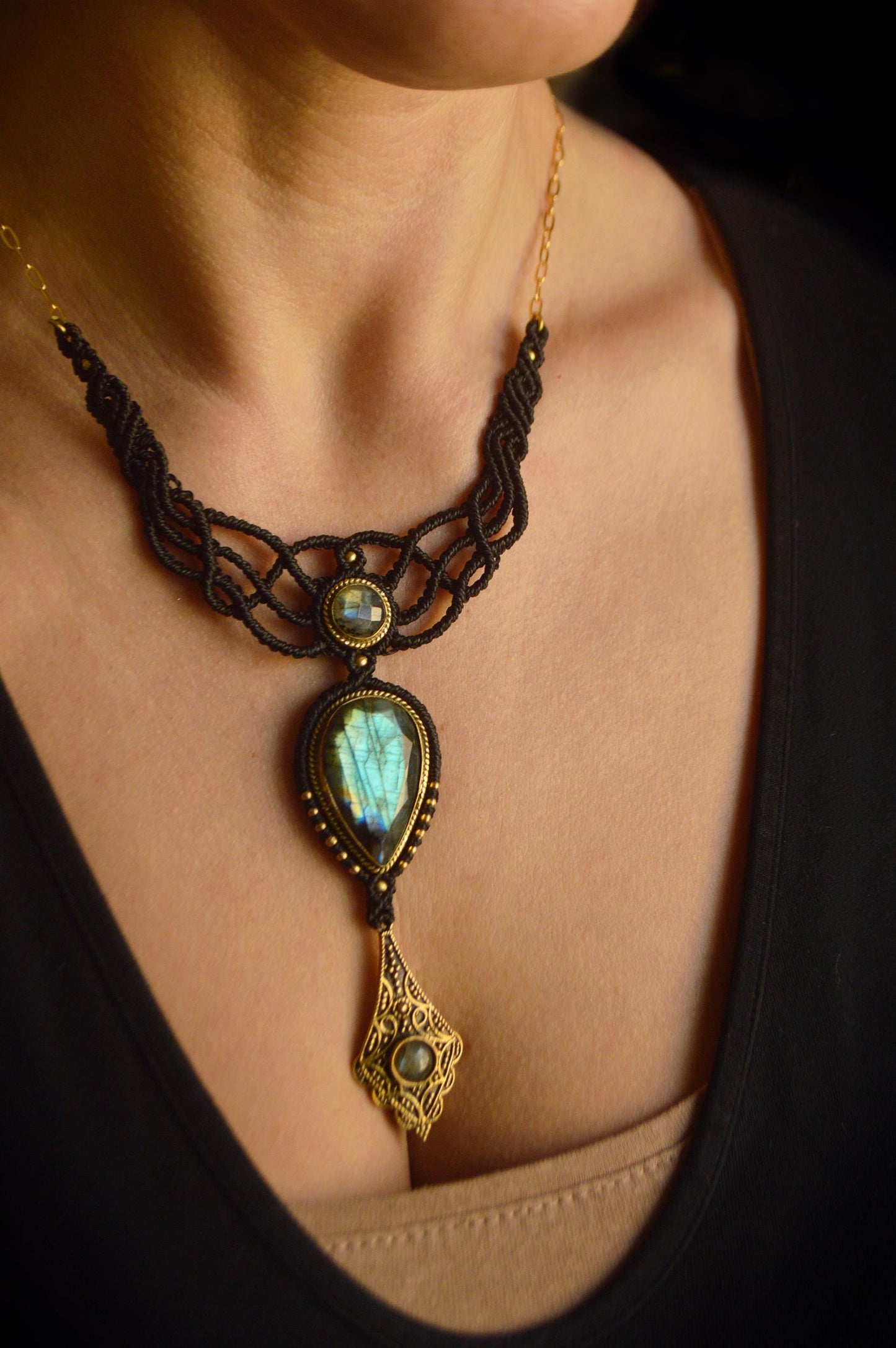 Ornate labradorite and brass macrame necklace. Festival, hippie, boho jewellery