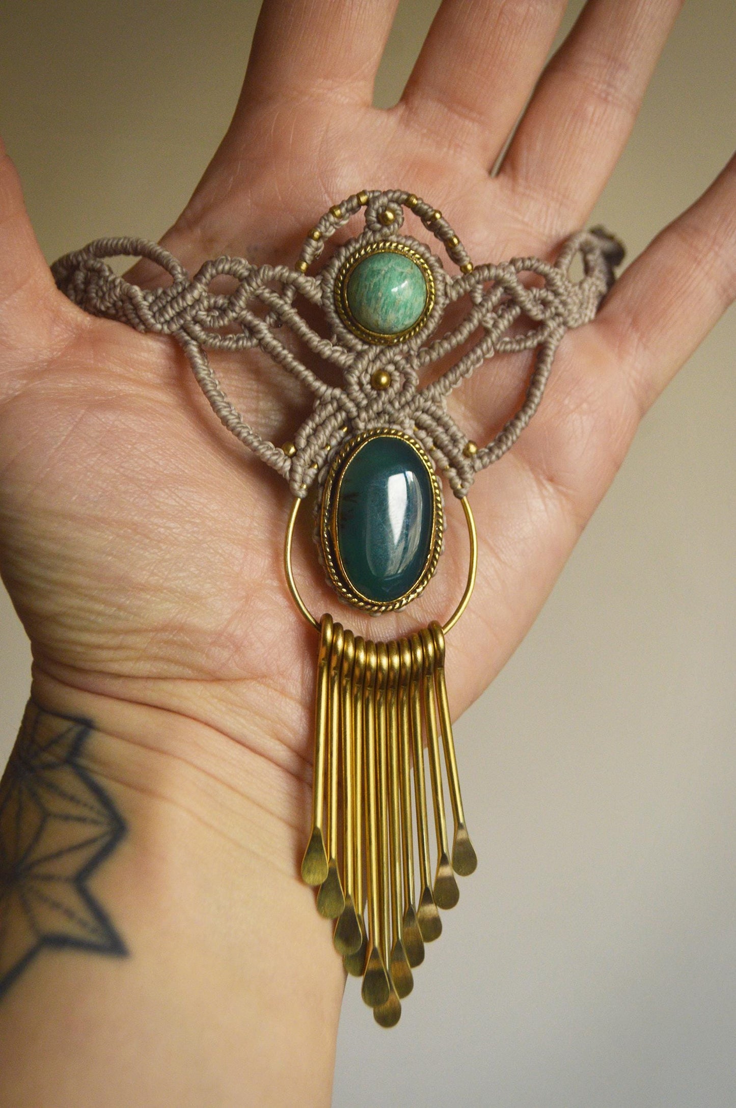 Green onyx and amazonite macrame necklace with brass tassle. Festival choker