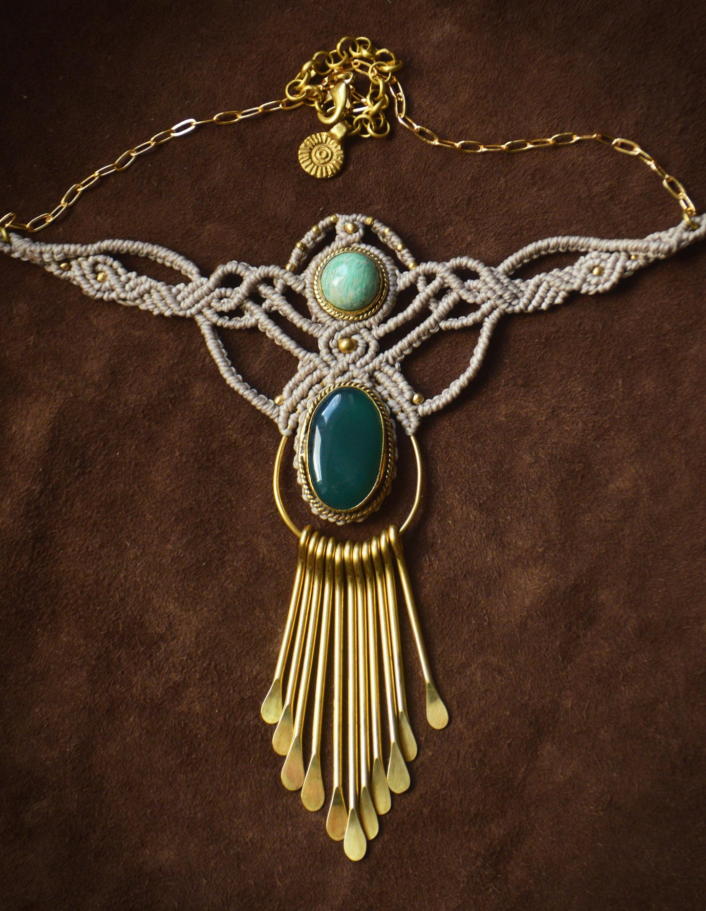 Green onyx and amazonite macrame necklace with brass tassle. Festival choker