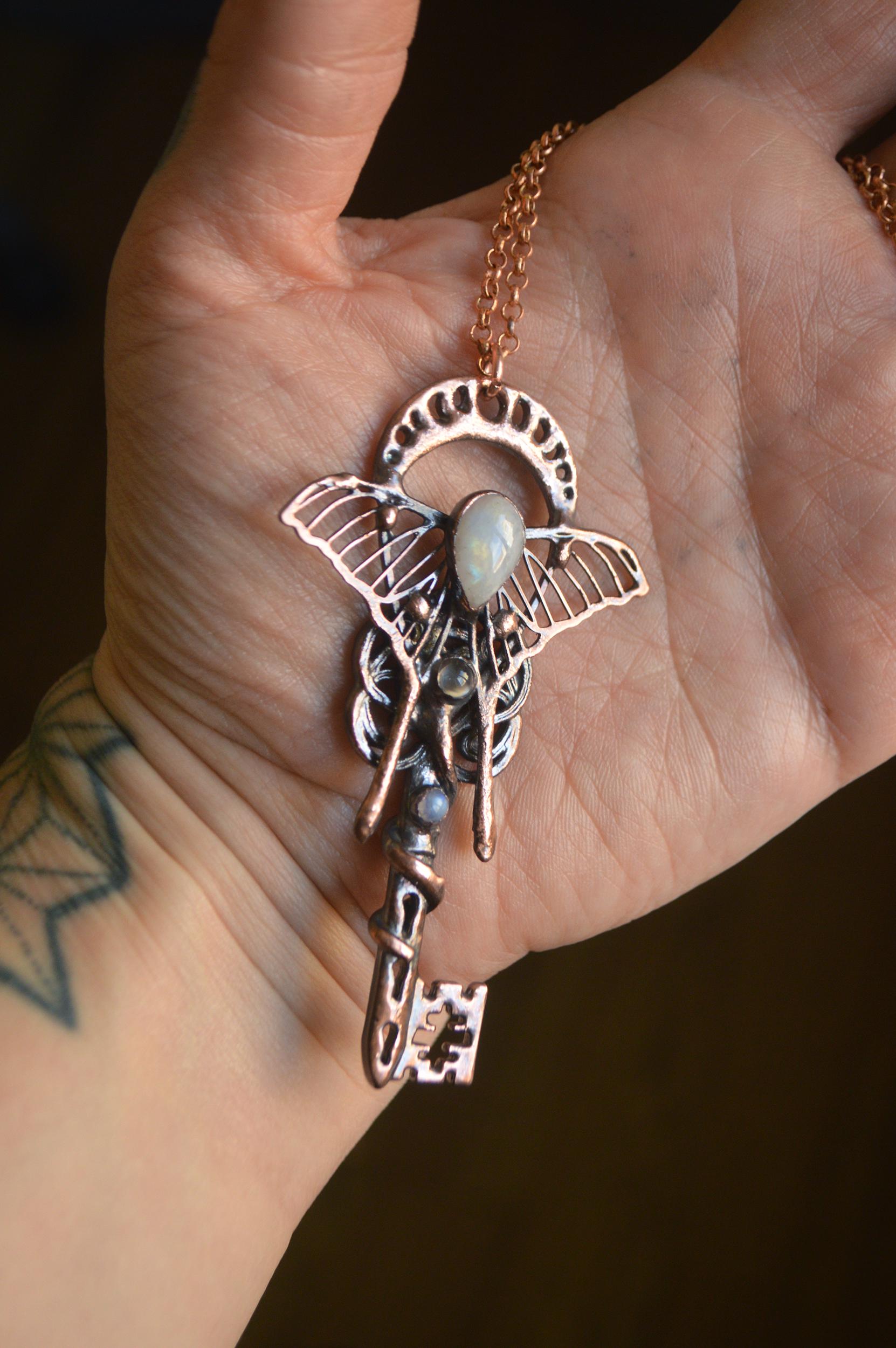 THE KEY collection ~ Magical key pendant with three moonstones, whimsical jewellery