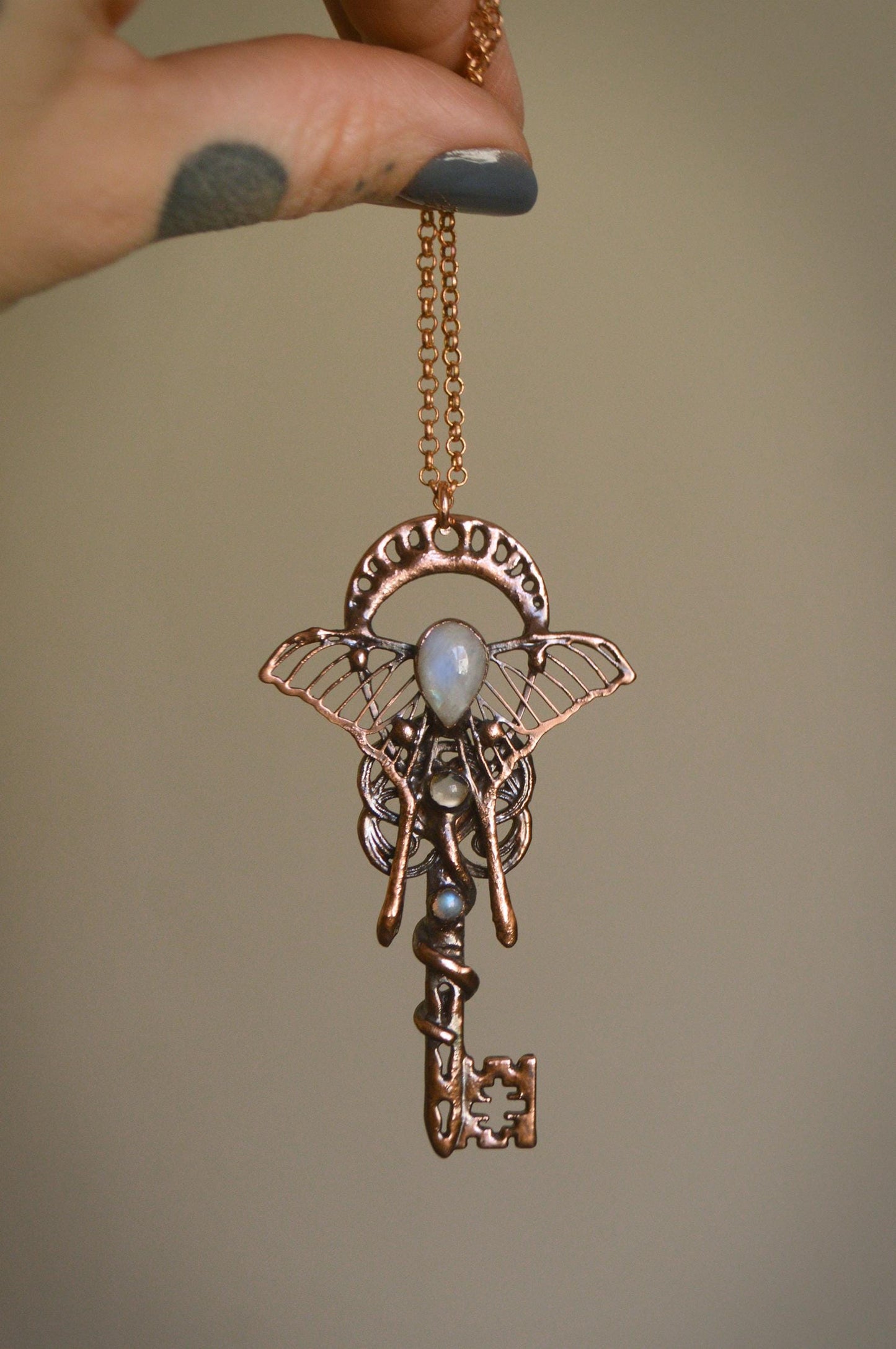 THE KEY collection ~ Magical key pendant with three moonstones, whimsical jewellery