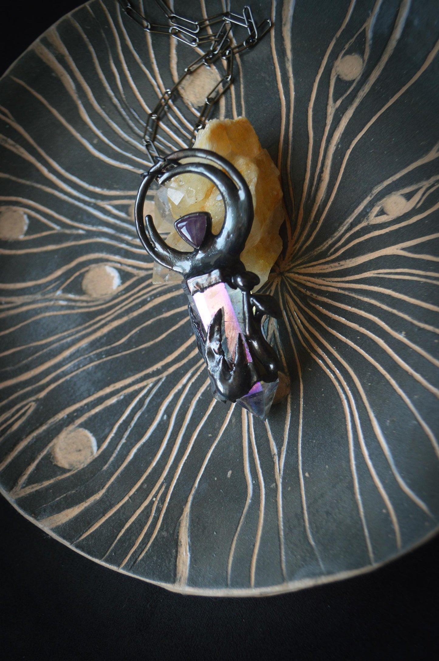 Aura quartz point and amethyst pendant. Crescent moon, mushroom, fern necklace. Cottage core, fairy core