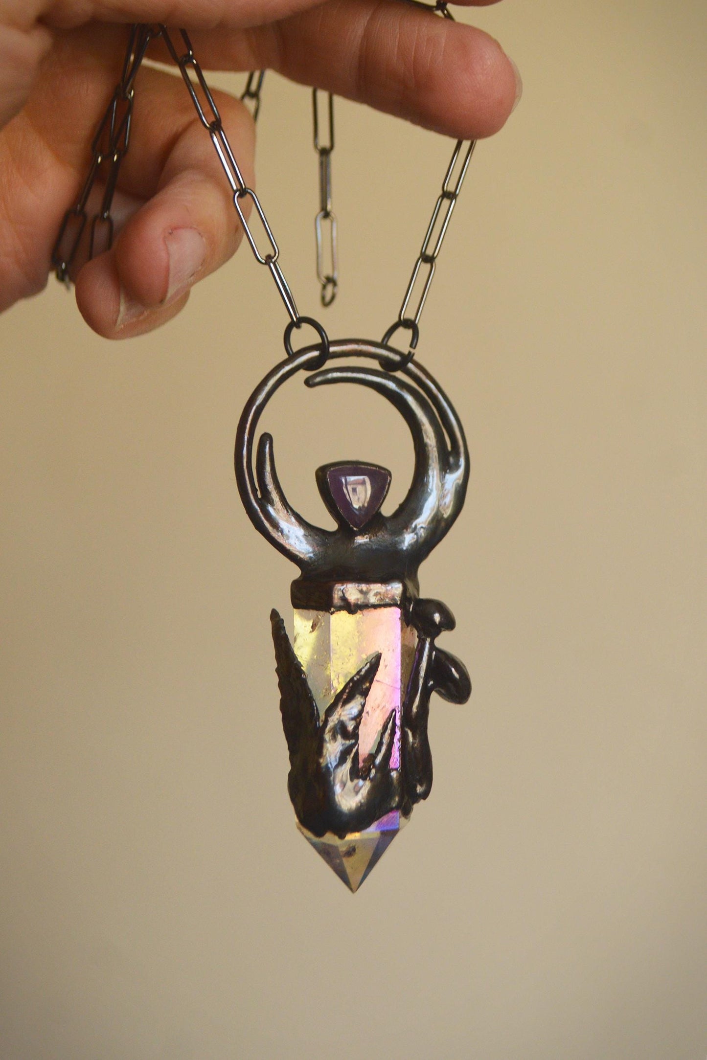 Aura quartz point and amethyst pendant. Crescent moon, mushroom, fern necklace. Cottage core, fairy core