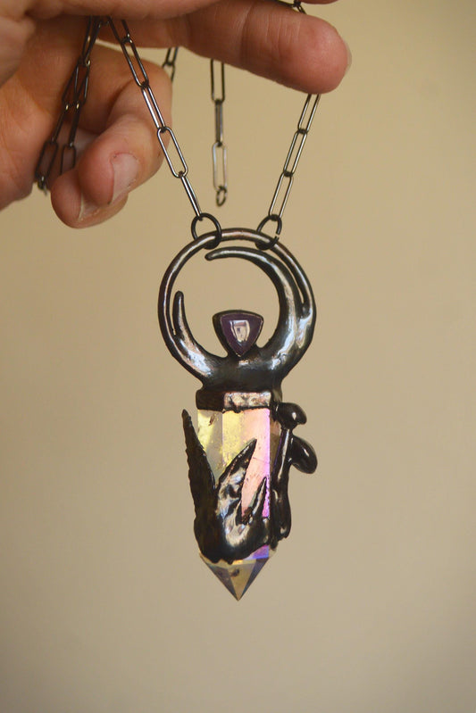 Aura quartz point and amethyst pendant. Crescent moon, mushroom, fern necklace. Cottage core, fairy core