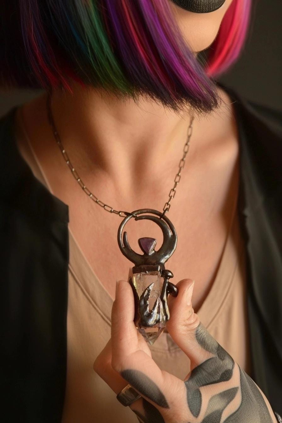 Aura quartz point and amethyst pendant. Crescent moon, mushroom, fern necklace. Cottage core, fairy core