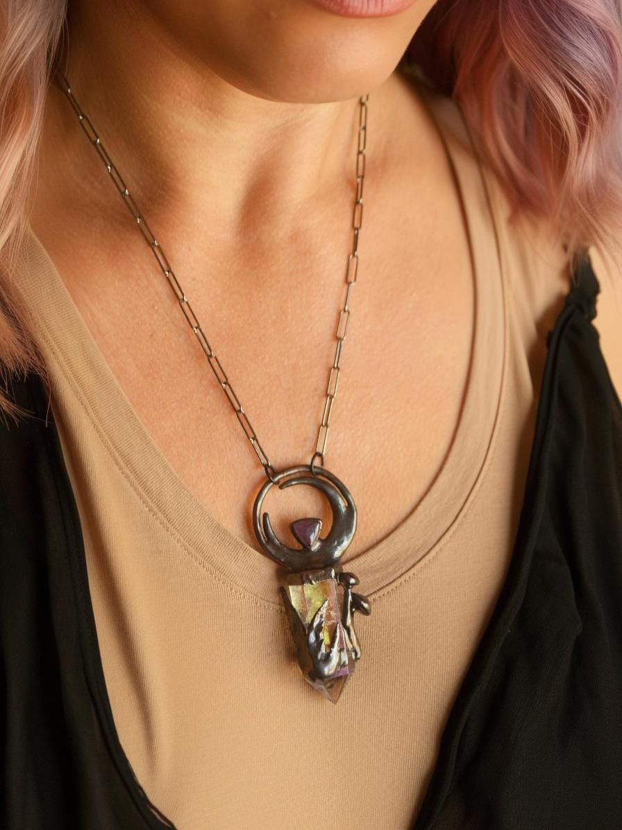 Aura quartz point and amethyst pendant. Crescent moon, mushroom, fern necklace. Cottage core, fairy core