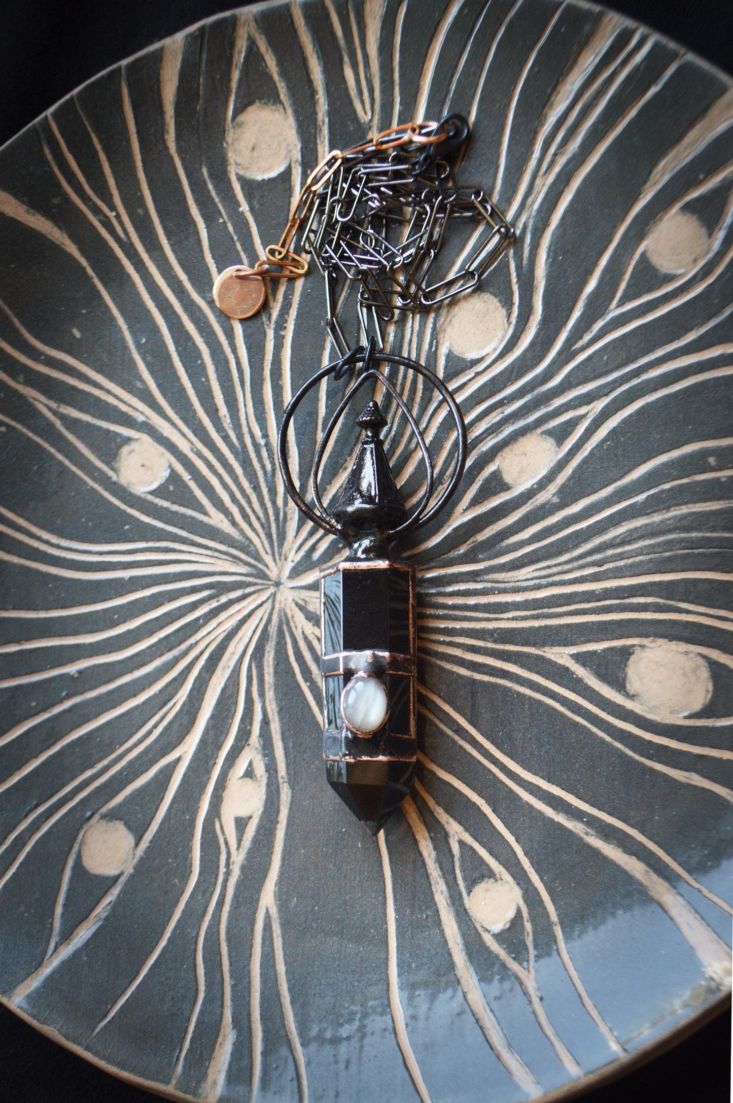 Obsidian point with grey moonstone, statement tribal pendant. Distressed rustic grunge jewellery