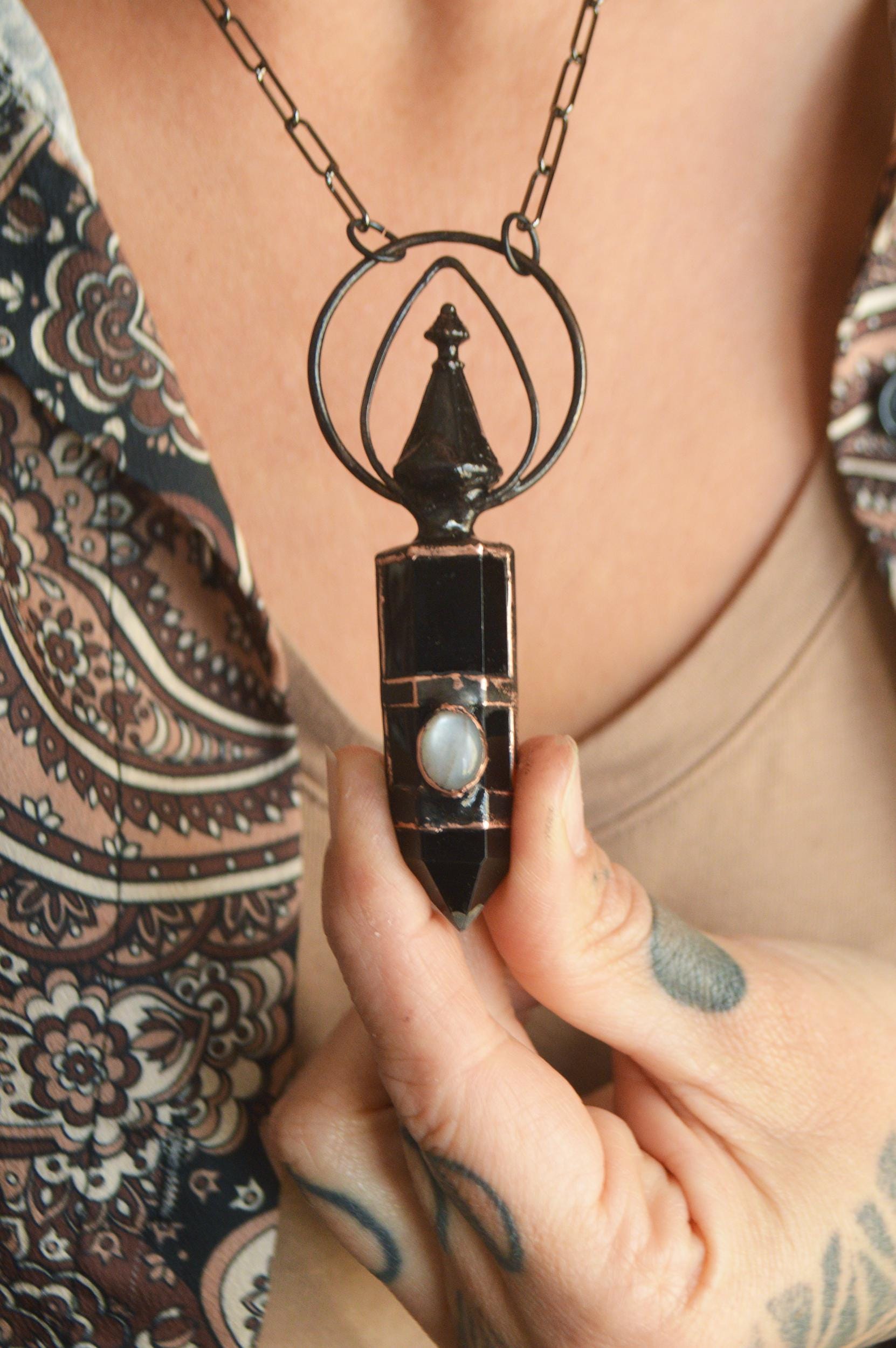 Obsidian point with grey moonstone, statement tribal pendant. Distressed rustic grunge jewellery