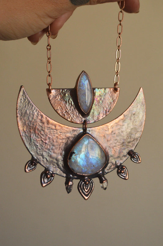 SOLSTICE collection - Statement tribal collar with quartz and rainbow moonstones