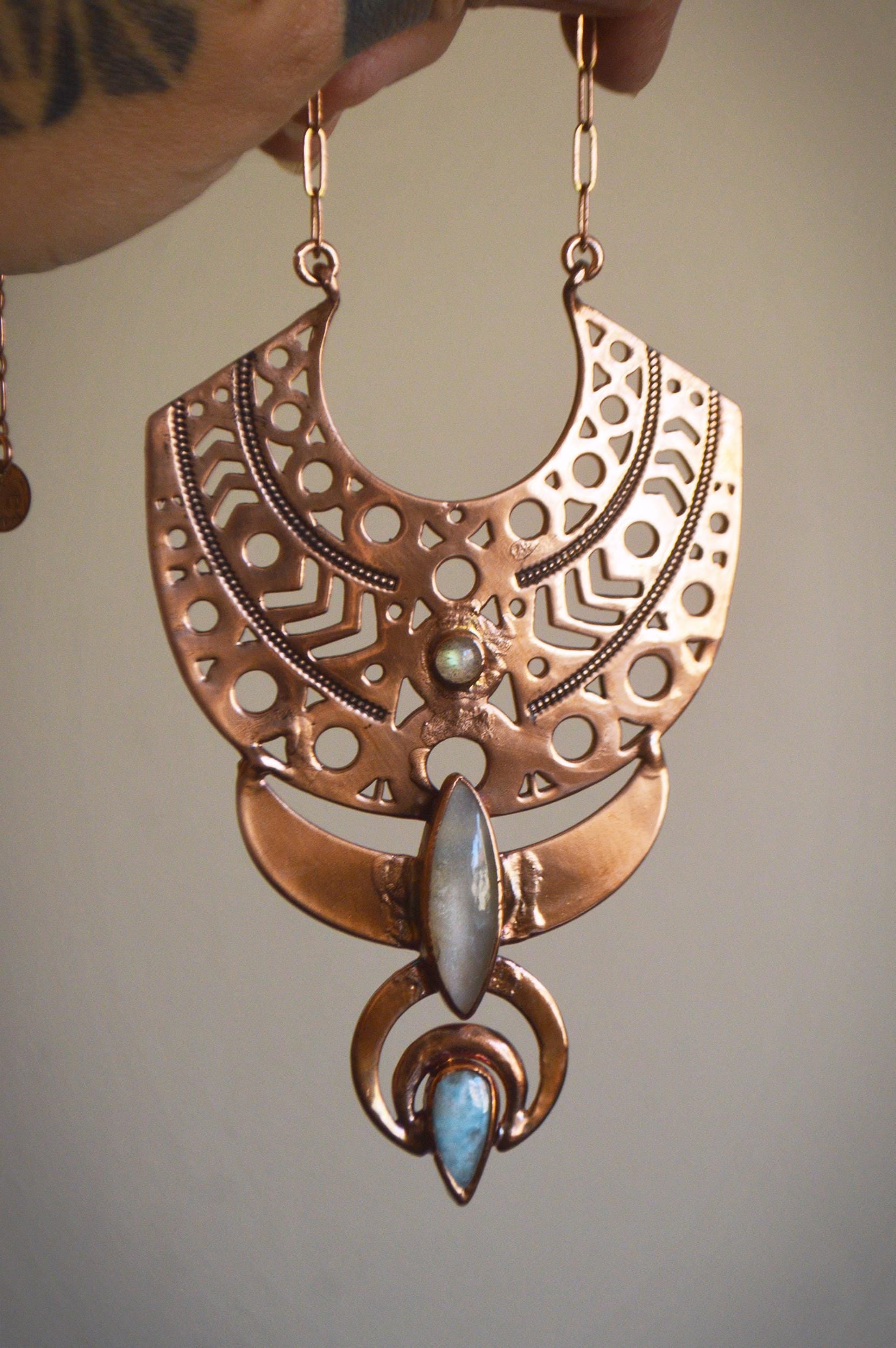 Statement tribal collar with labradorite, moonstone and larimar