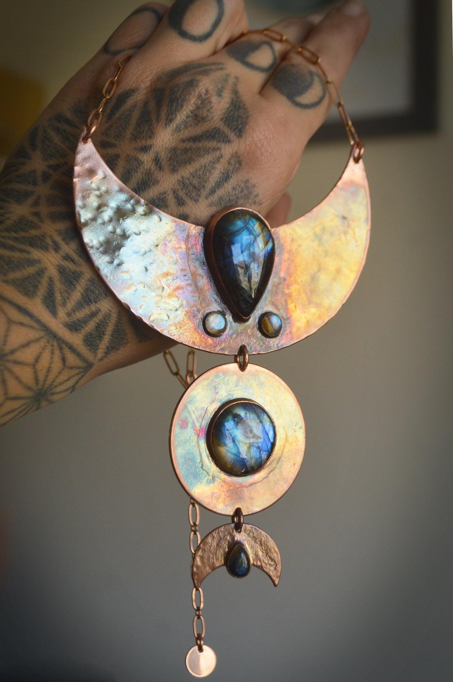 Statement tribal collar with five labradorites, textured copper geometric necklace