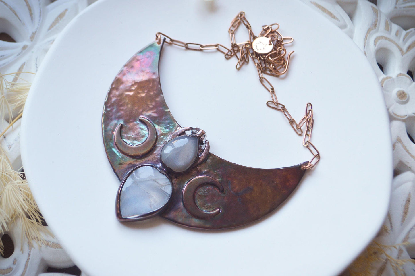 Statement tribal collar with grey moonstones and herkimer diamond