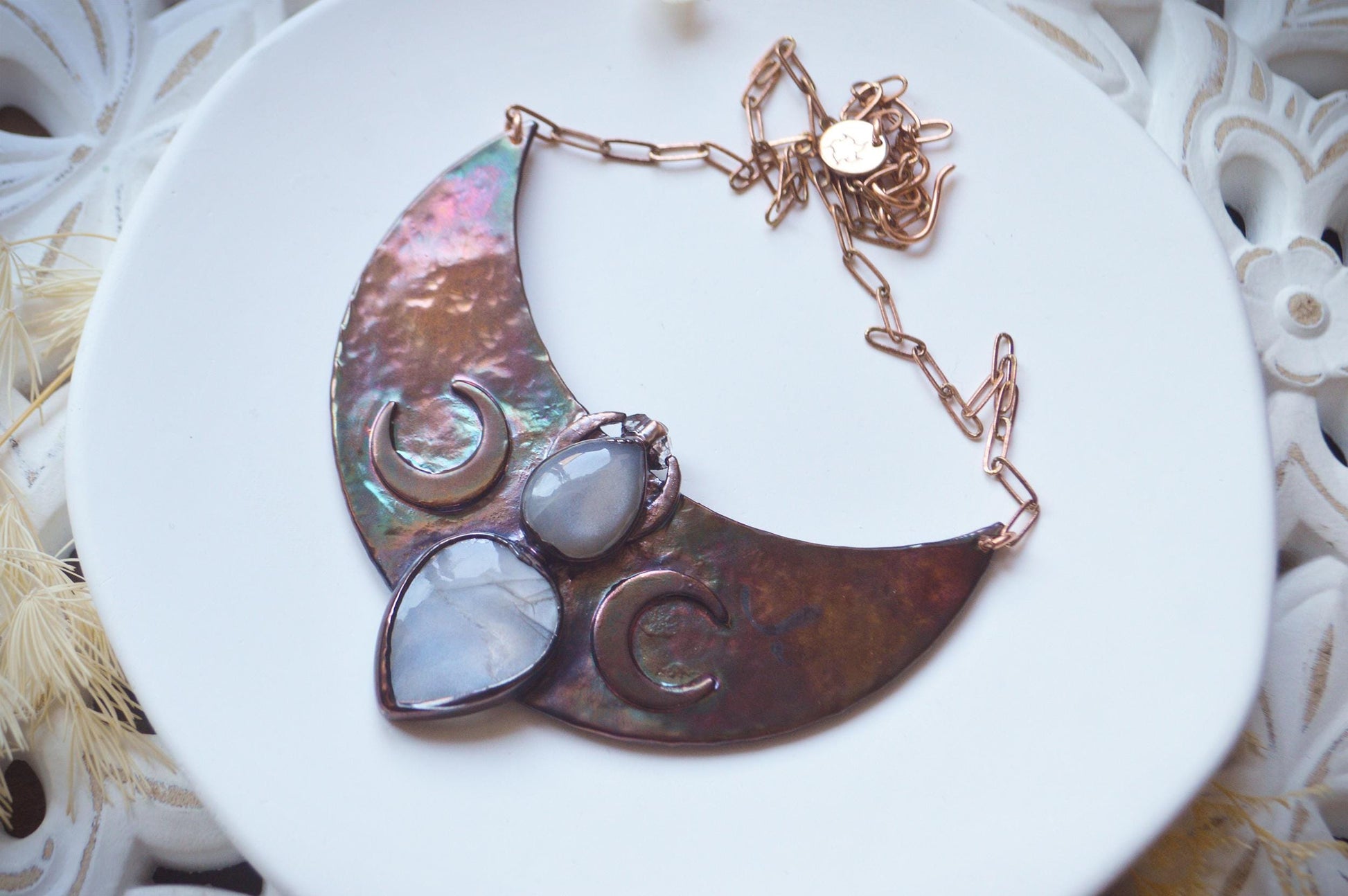 Statement tribal collar with grey moonstones and herkimer diamond